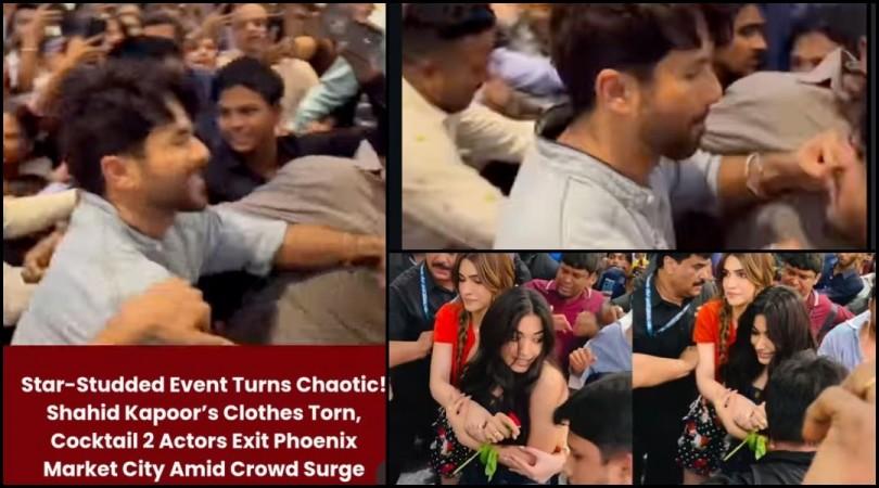 Shahid Kapoor pushes people, his shirt gets torn; Kriti Sanon shields Rashmika as stampede-like scenes unfold at Pune mall during Cocktail 2 event Shahid Kapoor pushes people, his shirt gets torn; Kriti Sanon shields Rashmika as stampede-like scenes unfold at Pune mall during Cocktail 2 event