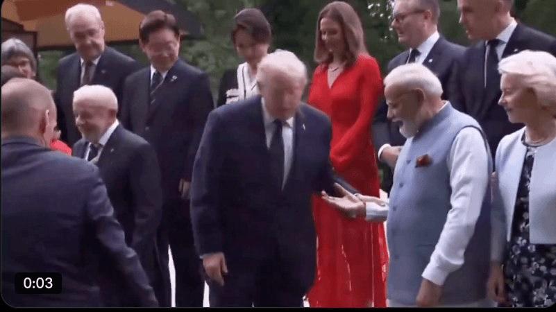 PM Modi Lends Helping Hand to Trump Onto G7 Podium; 'We Are Always Ready,' Says PM During Leaders' Photo Op PM Modi Lends Helping Hand to Trump Onto G7 Podium; 'We Are Always Ready,' Says PM During Leaders' Photo Op