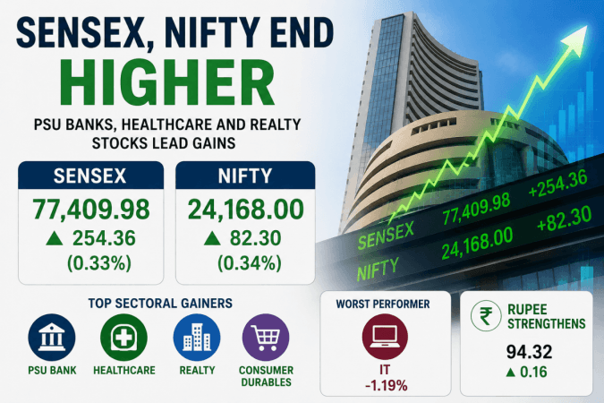 Sensex, Nifty end higher as PSU banks, healthcare and realty stocks lead gains Sensex, Nifty end higher as PSU banks, healthcare and realty stocks lead gains