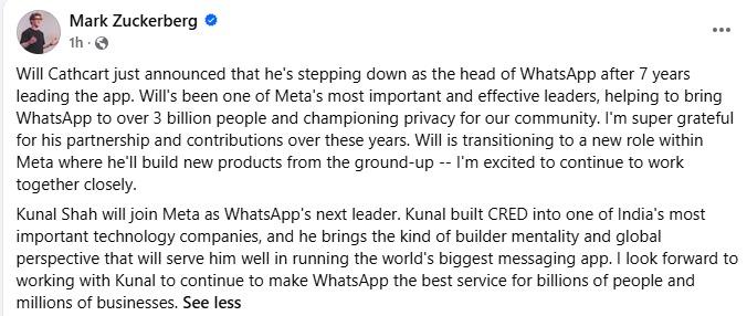 Kunal Shah has resigned as CRED CEO and joined Meta as global Head of WhatsApp. Meta also invested USD 900 million in CRED, valuing it at USD 4.5 billion. Miten Sampat becomes interim CEO as CRED continues expansion and IPO preparations.
