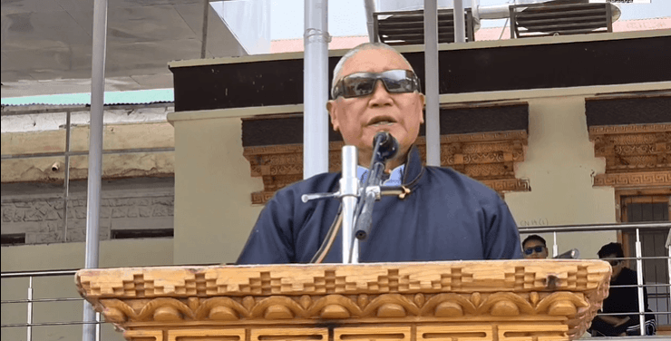 President of the Ladakh Buddhist Association and co-coordinator of Leh Apex Body Cheering Dorjey addressing a gathering at Leh Cheering Dorjey