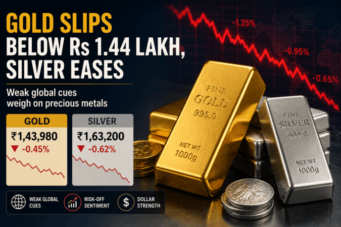 Gold slips below Rs 1.44 lakh, silver eases as weak global cues weigh on precious metals