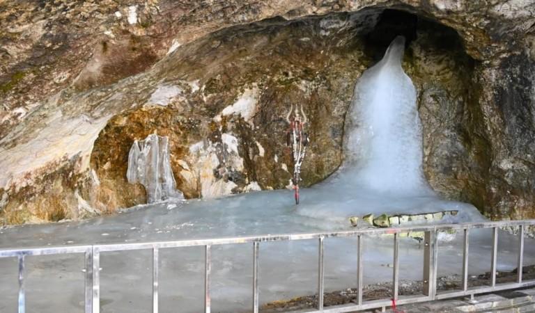 A glimpse of the Ice Shivlingam in the holy cave of Shri Amarnath Shrine Amarnath cave
