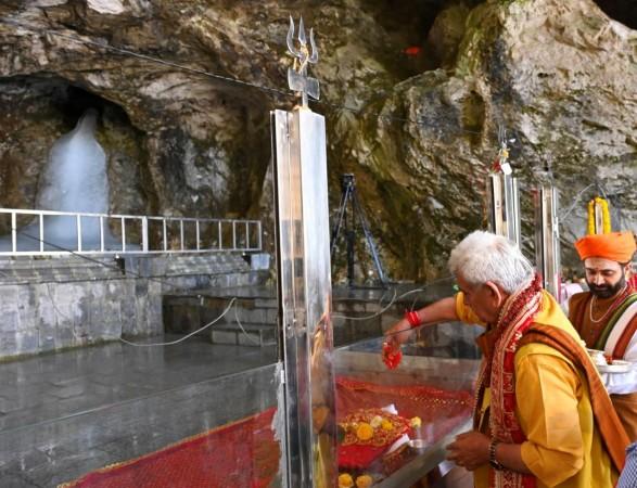 J&K LG Manoj Sinha performing Pratham Puja at the holy cave of Shri Amarnath LG Manoj Sinha