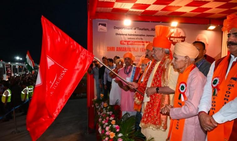 Jammu and Kashmir Lieutenant Governor Manoj Sinha flagging off first batch of Shri Amarnath pilgrims from jammu LG Manoj Sinha