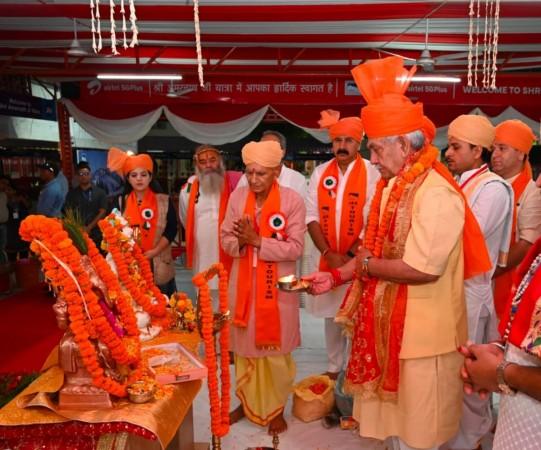 Jammu and Kashmir Lieutenant Governor Manoj Sinha performing Puja before flagging off the first batch of Shri Amarnath pilgrims from Jammu LG Manoj Sinha