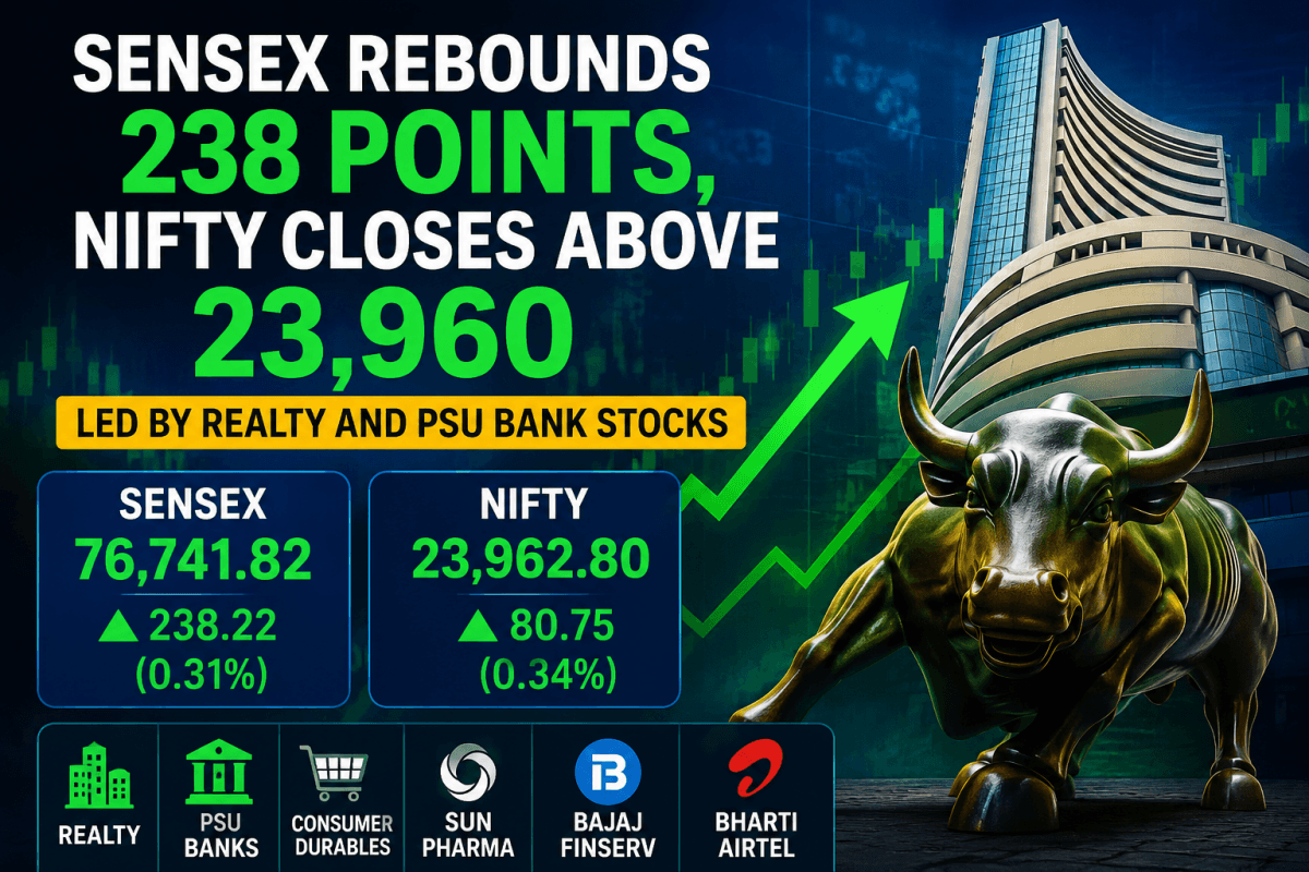Sensex rebounds 238 points, Nifty closes above 23,960 led by realty and PSU bank stocks