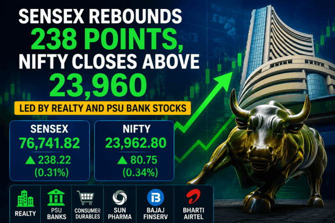 Sensex rebounds 238 points, Nifty closes above 23,960 led by realty and PSU bank stocks Sensex rebounds 238 points, Nifty closes above 23,960 led by realty and PSU bank stocks