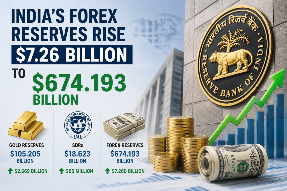 India's foreign exchange reserves surged by $7.260 billion to $674.193 billion in the week