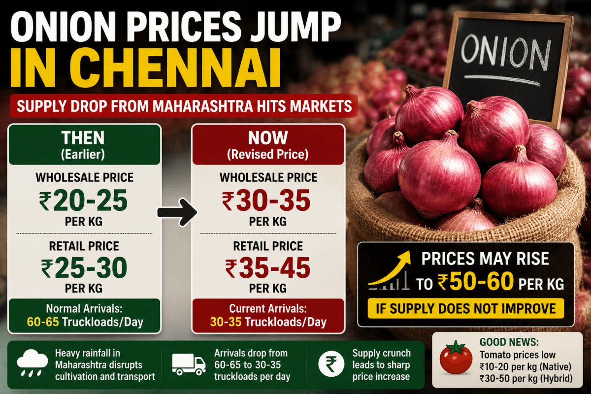 Onion Prices Jump in Chennai as heavy rains in Maharashtra Disrupt Supply