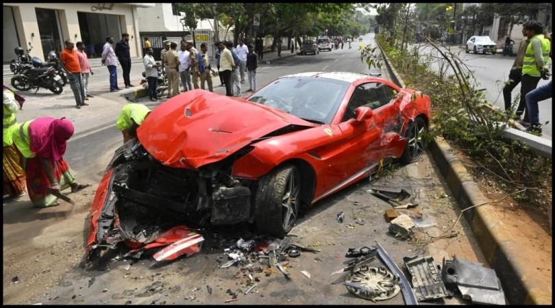 Speeding Ferrari worth Rs 3.5 crore crashes into apartment gate in Hyderabad's Jubilee Hills Speeding Ferrari worth Rs 3.5 crore crashes into apartment gate in Hyderabad's Jubilee Hills