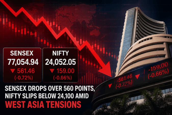 Sensex Falls 561 Points, Nifty Slips Below 24,100 as West Asia Tensions Rattle Markets Sensex Falls 561 Points, Nifty Slips Below 24,100 as West Asia Tensions Rattle Markets