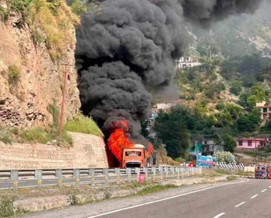 A view of the buring bus which was carrying devotees of Shri Amarnath Yatra Bus