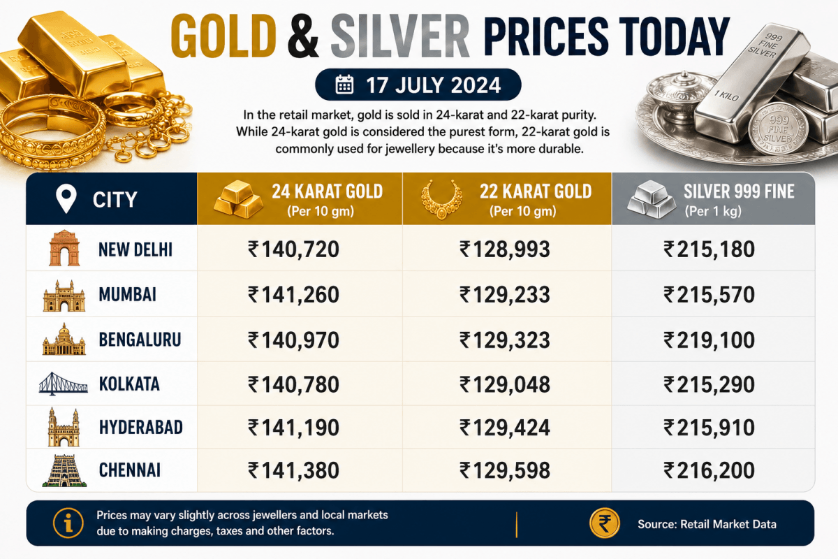 Gold & Silver Rate Today: 24K, 22K Gold Prices and 999 Silver Rates Across Major Cities on July 17