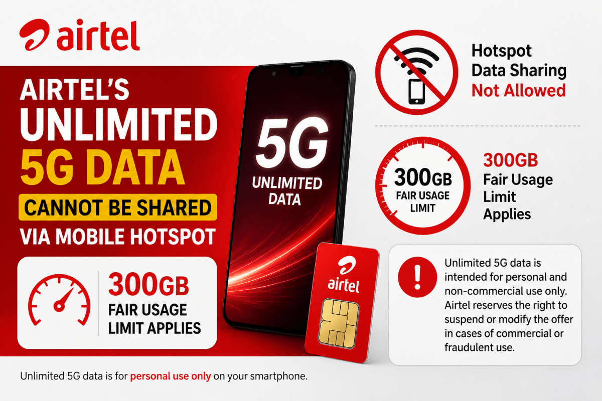 Airtel clarifies unlimited 5G data cannot be shared via mobile hotspot; 300GB fair usage limit applies
