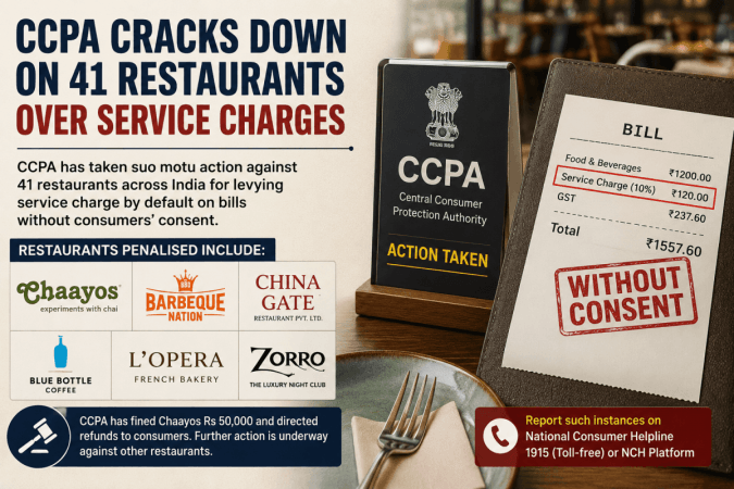 CCPA cracks down on 41 restaurants; Chaayos, Barbeque Nation, China Gate, L'Opera among those penalised over service charges CCPA cracks down on 41 restaurants; Chaayos, Barbeque Nation, China Gate, L'Opera among those penalised over service charges