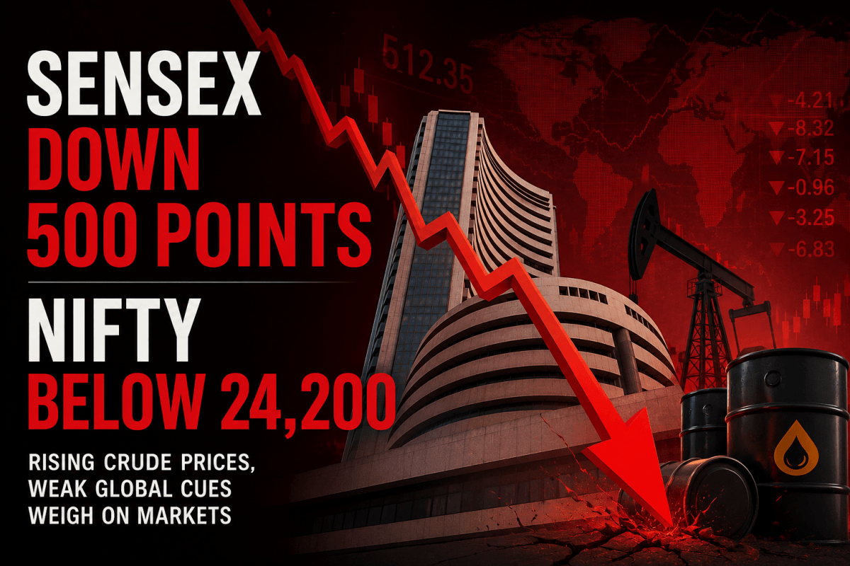 Sensex falls over 500 points, Nifty slips below 24,200 as rising crude prices, weak global cues weigh on markets