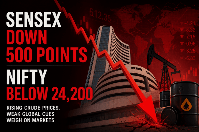 Sensex falls over 500 points, Nifty slips below 24,200 as rising crude prices, weak global cues weigh on markets Sensex falls over 500 points, Nifty slips below 24,200 as rising crude prices, weak global cues weigh on markets