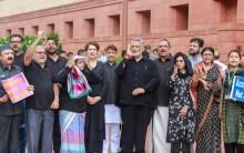 Oppn MPs in black protest outside Parliament House over NEET paper leak, police cruelty