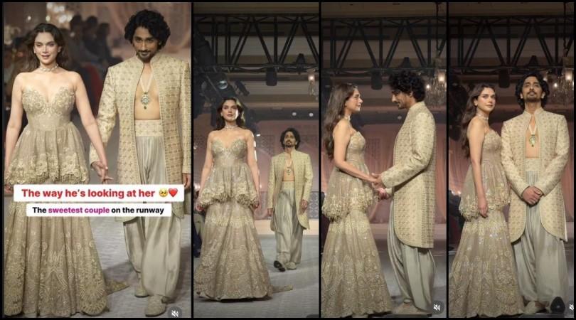 Aditi Rao Hydari looks sensuous in bralette-style lehenga; Siddharth flaunts abs in unbuttoned kurta; couple gets romantic on runway