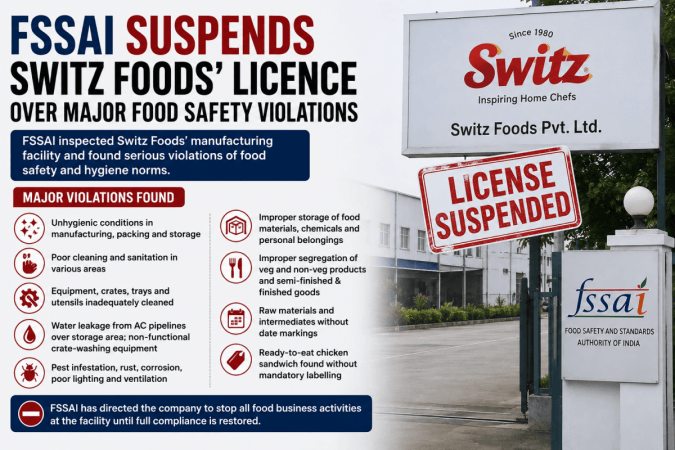 Switz Foods' licence suspended by FSSAI: 10 key findings from regulator's inspection Switz Foods' licence suspended by FSSAI: 10 key findings from regulator's inspection