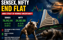 Sensex, Nifty end flat amid Strait of Hormuz uncertainty; PSU banks, FMCG stocks drag