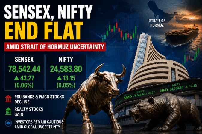 Sensex, Nifty end flat amid Strait of Hormuz uncertainty; PSU banks, FMCG stocks drag