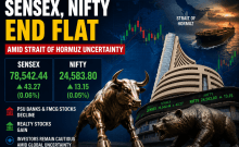 Sensex, Nifty end flat amid Strait of Hormuz uncertainty; PSU banks, FMCG stocks drag