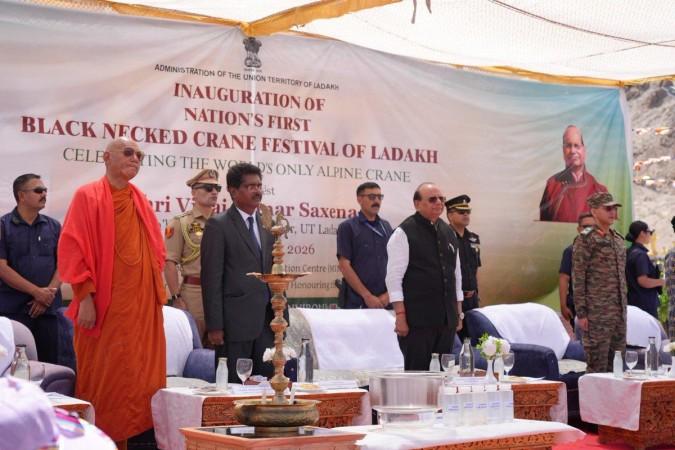 Lieutenant Governor of Ladakh Vinai Kumar Saxena during inauguration of India's first Global Black-necked Crane festival Black-necked crane