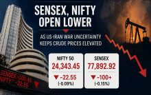 Sensex, Nifty Open Lower as US-Iran War Uncertainty Keeps Crude Prices Elevated; Nifty Falls 22 Points, Sensex Drops Over 100 Points
