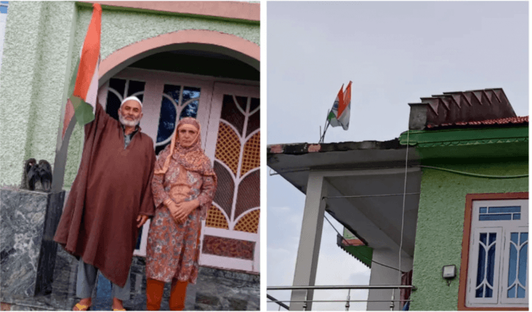 Parents of dreaded LeT terrorist Abid Ramzan Sheikh are hoisting the national flag at their residence in Kashmir's Shopian area. Flag