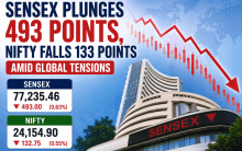 Sensex plunges 493 points, Nifty falls 133 points amid global tensions
