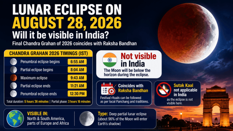 Chandra Grahan 2026: Lunar eclipse on August 28, will it be visible in India? Check timing, Sutak Kaal and Raksha Bandhan impact Chandra Grahan 2026: Lunar eclipse on August 28, will it be visible in India? Check timing, Sutak Kaal and Raksha Bandhan impact