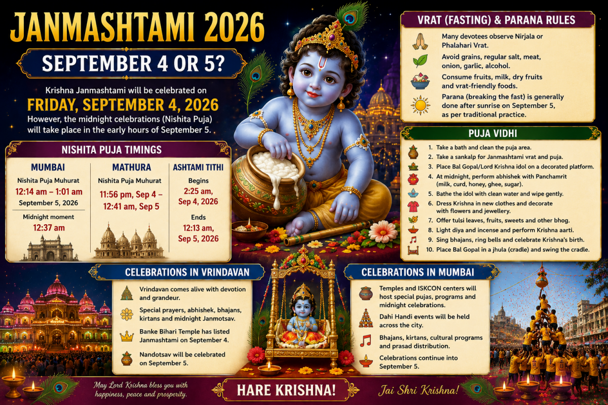 Janmashtami 2026 on September 4: Check Nishita Puja Time, Vrat, Puja Vidhi and Celebrations in Vrindavan and Mumbai