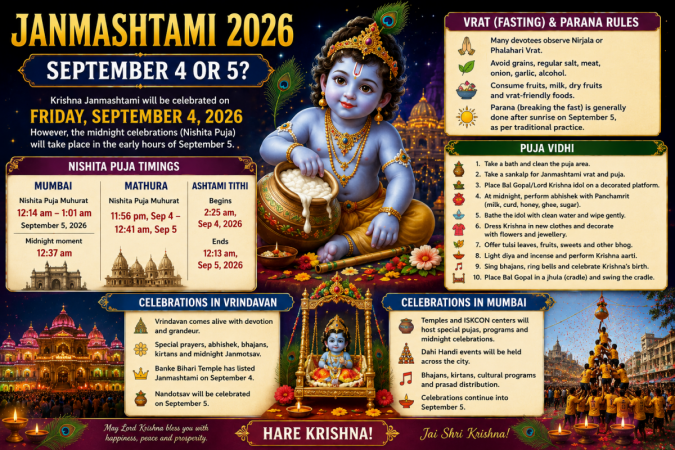Janmashtami 2026 on September 4: Check Nishita Puja Time, Vrat, Puja Vidhi and Celebrations in Vrindavan and Mumbai