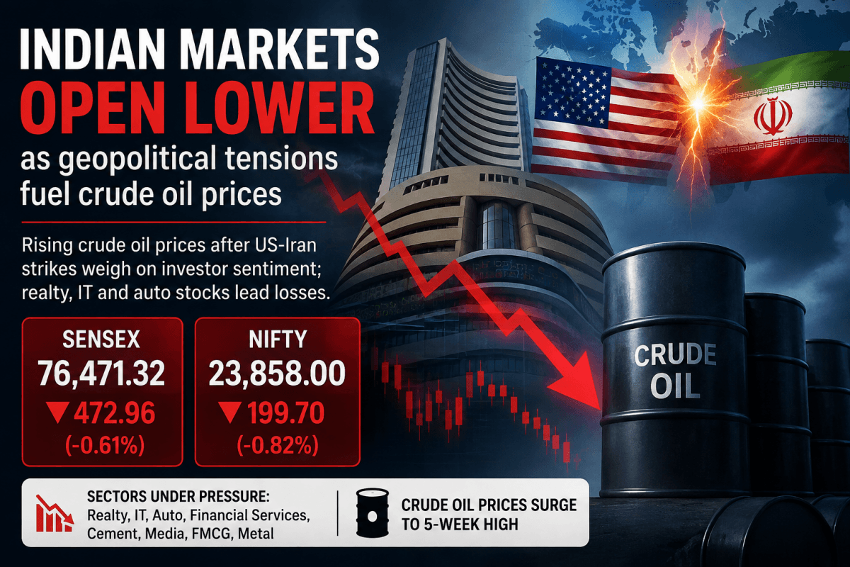 Indian markets open lower as geopolitical tensions fuel crude oil prices