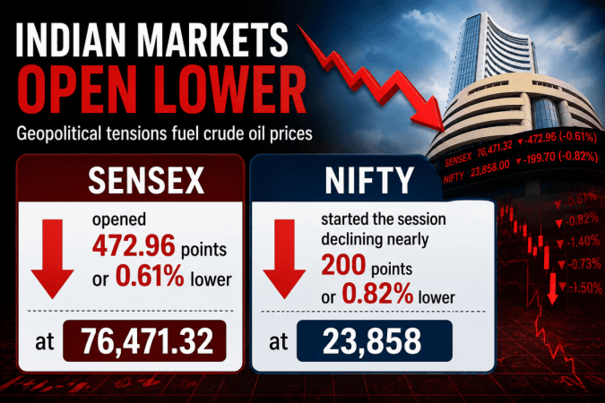 Indian markets open lower as geopolitical tensions fuel crude oil prices Indian markets open lower as geopolitical tensions fuel crude oil prices