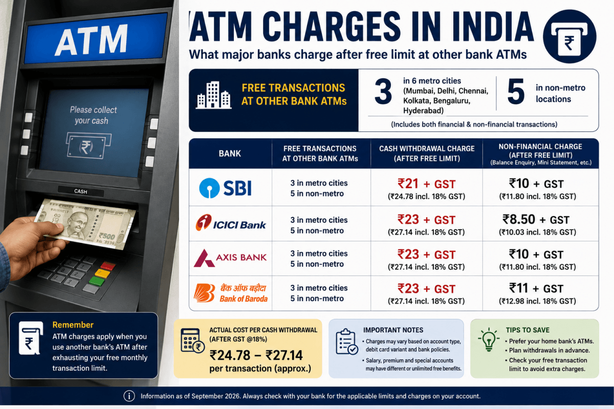 ATM withdrawal charges in 2026: How much SBI, ICICI Bank, Axis Bank and Bank of Baroda charge
