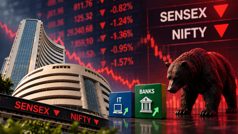 Sensex, Nifty end lower; IT, banks cushion losses