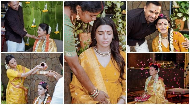 Pregnant Samantha's traditional baby shower: Kalaa Aavarana ritual with husband Raj, actor flaunts baby bump and radiates pregnancy glow Pregnant Samantha's traditional baby shower: Kalaa Aavarana ritual with husband Raj, actor flaunts baby bump and radiates pregnancy glow