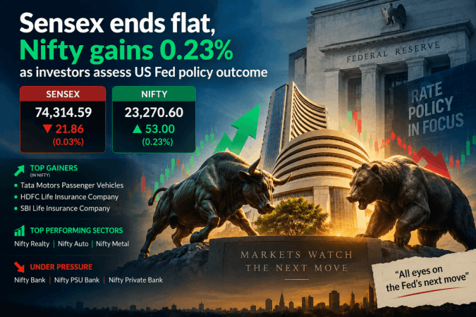 Sensex ends flat, Nifty gains 0.23 pc as investors assess Fed Policy outcome Sensex ends flat, Nifty gains 0.23 pc as investors assess Fed Policy outcome