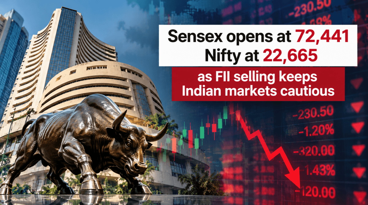 Sensex opens at 72,441, Nifty at 22,665 as FII selling keeps Indian markets cautious
