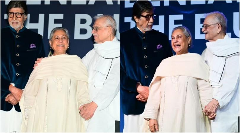 Jaya Bachchan can't stop smiling as Gulzar wraps his arms around her shoulders, holds her hand; Amitabh Bachchan poses, fans say 'paps are happy' Jaya Bachchan can't stop smiling as Gulzar wraps his arms around her shoulders, holds her hand; Amitabh Bachchan poses, fans say 'paps are happy'