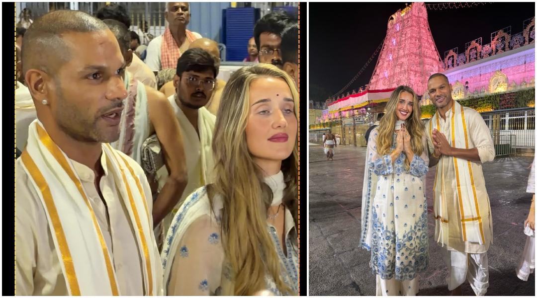 Shikhar Dhawan, wife Sophie Shine twin in white traditional outfits as they offer prayers at Tirumala temple