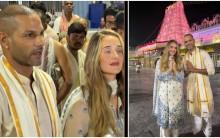 Shikhar Dhawan, wife Sophie Shine twin in white traditional outfits as they offer prayers at Tirumala temple