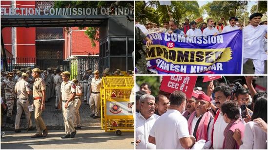 Priyanka Gandhi, Rahul Gandhi reach Akashvani Bhawan amid INDIA bloc march to EC