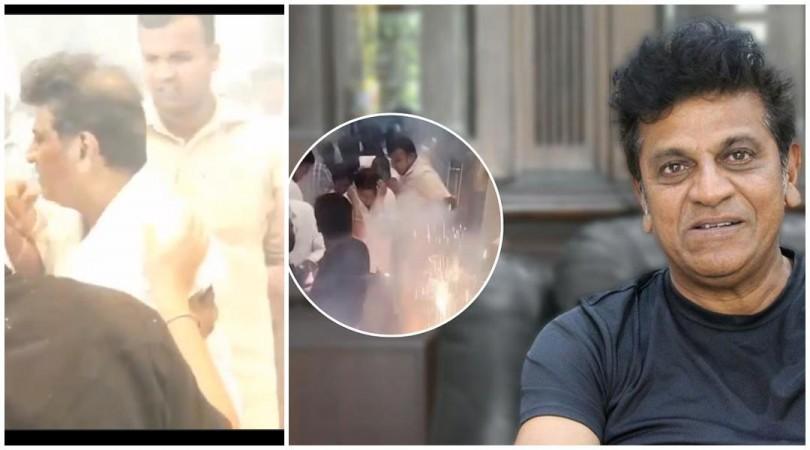 Firecracker explodes near Shiva Rajkumar, Kannada star shields his face during Bail promotions Firecracker explodes near Shiva Rajkumar, Kannada star shields his face during Bail promotions