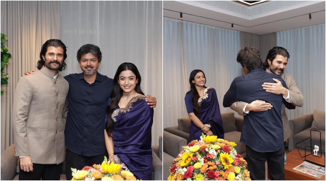 Rashmika Mandanna- CM Vijay twin in royal blue;  Vijay Deverakonda hugs Tamil Nadu CM during Chennai coffee meet-up