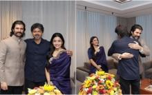 Rashmika Mandanna- CM Vijay twin in royal blue;  Vijay Deverakonda hugs Tamil Nadu CM during Chennai coffee meet-up