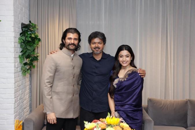 Rashmika Mandanna- CM Vijay twin in royal blue;  Vijay Deverakonda hugs Tamil Nadu CM during Chennai coffee meet-up